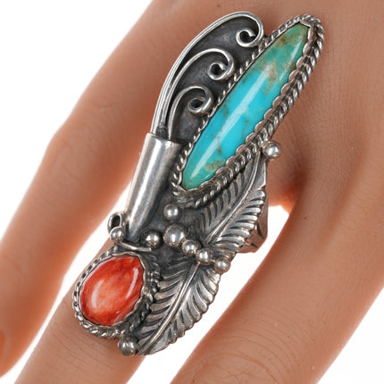 sz10 Super Long Vintage Navajo Turquoise and spiny oyster silver ring