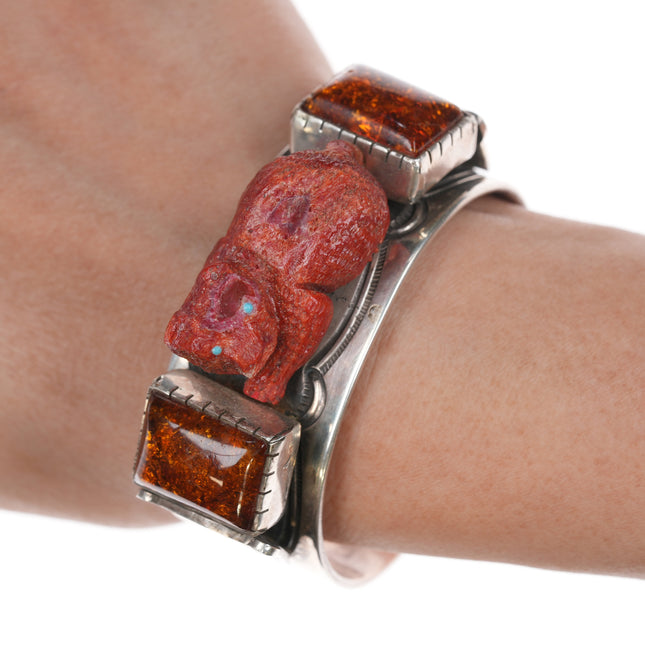 6 3/8" Art Tafoya Yaqui sponge coral, turquoise, and amber sterling cuff bracelet