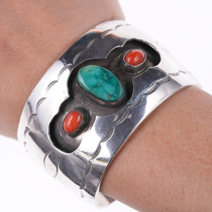 6.5" Vintage Navajo Stamped silver shadowbox bracelet with turquoise and coral