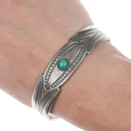 6.75" c1920's Navajo Stamped Ingot silver and turquoise bracelet