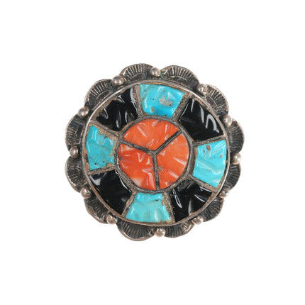 c1950's Zuni Silver carved turquoise, coral, and jet channel inlay pin