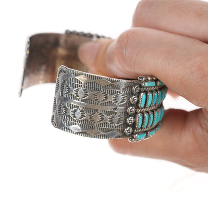 6 3/8" c1970's Zuni Cal Eustace needlepoint turquoise stamped silver cuff bracelet