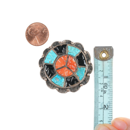 c1950's Zuni Silver carved turquoise, coral, and jet channel inlay pin