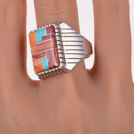 sz12.5 Native American sterling spiny oyster and turquoise channel inlay ring
