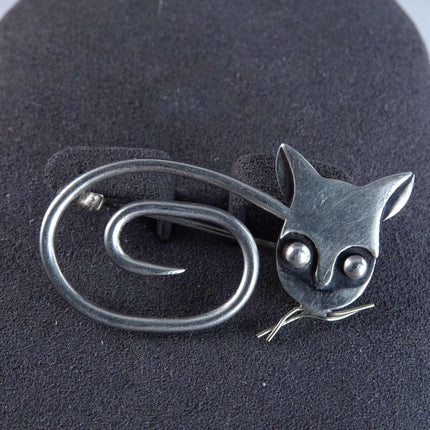 Mid Century Sterling Cat and Owl Brooch Signed