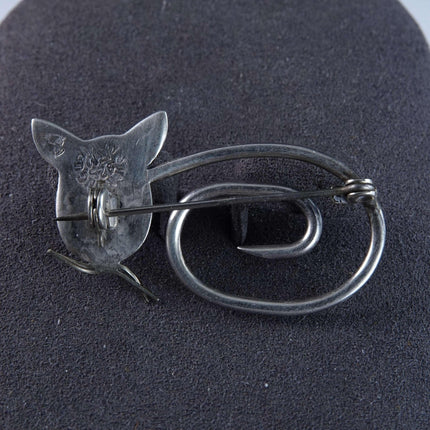 Mid Century Sterling Cat and Owl Brooch Signed