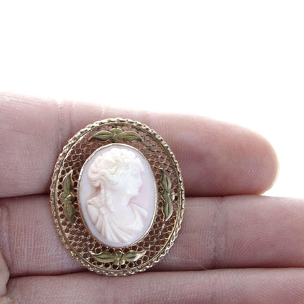 c1900 10k gold Reticulated mounted Pink Conch shell cameo brooch