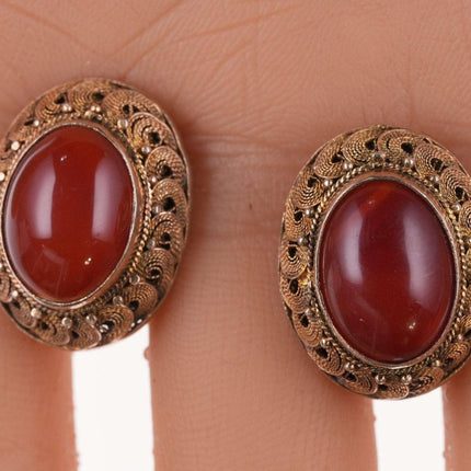 c1940's Vintage Chinese Gilt Filigree Silver Carnelian clip-on earrings