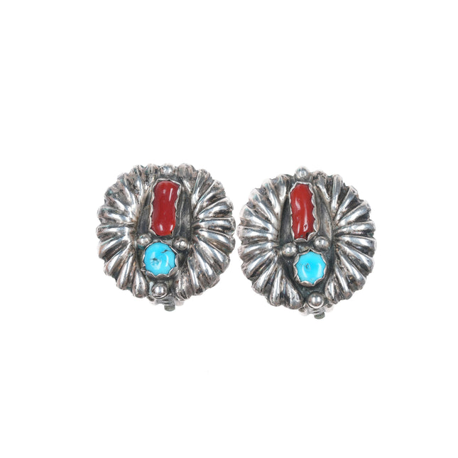 Vintage Zuni Sterling turquoise, and coral clip-on earrings