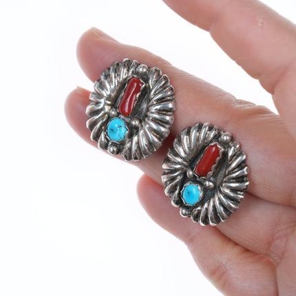 Vintage Zuni Sterling turquoise, and coral clip-on earrings