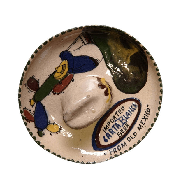 c1940 特拉克帕克墨西哥民间陶器 Carta Blanca 啤酒广告烟灰缸 Somrero 形状极其罕见