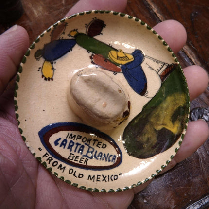 c1940 Tlaquepaque Mexican Folk Pottery Carta Blanca Beer Advertising Ashtray Som