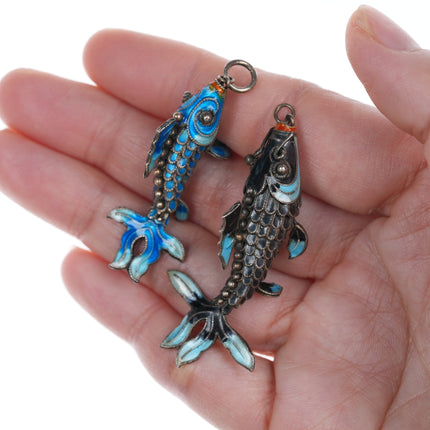 2 Vintage Articulated Chinese Silver Enamel Koi Fish pendants