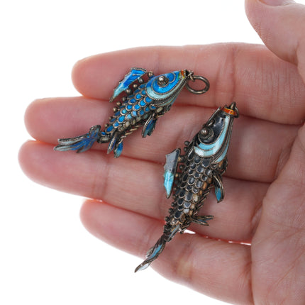 2 Vintage Articulated Chinese Silver Enamel Koi Fish pendants