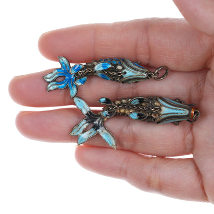 2 Vintage Articulated Chinese Silver Enamel Koi Fish pendants