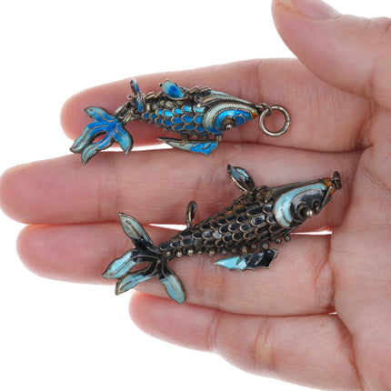 2 Vintage Articulated Chinese Silver Enamel Koi Fish pendants