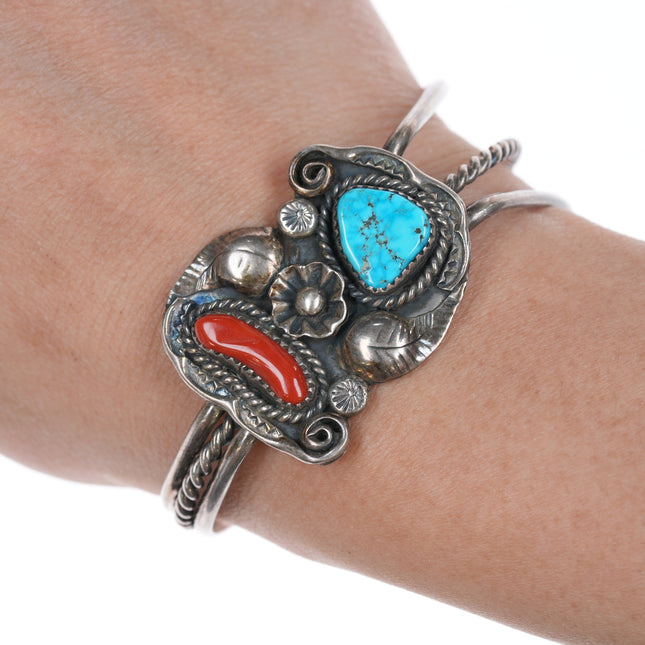 6.5" Vintage Native American silver cuff bracelet with turquoise and coral