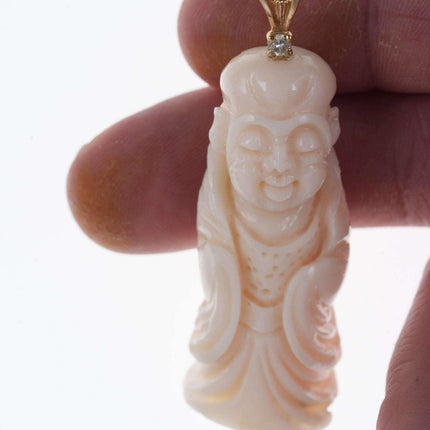 Vintage Chinese 14k Diamond/Carved Coral Budhha pendant.
