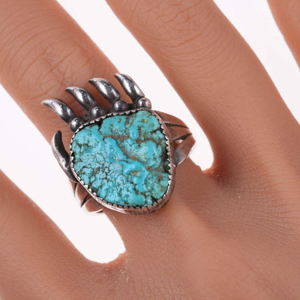 sz12 Vintage Navajo Sterling, turquoise bear paw ring