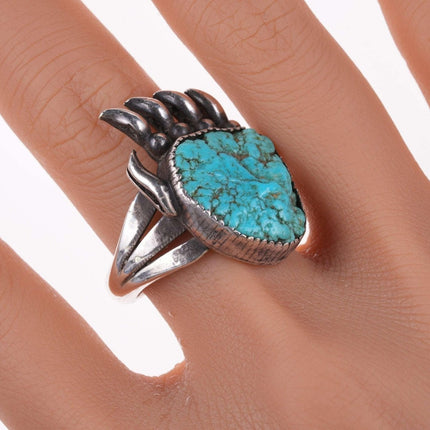 sz12 Vintage Navajo Sterling, turquoise bear paw ring