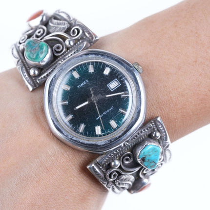 Vintage Sterling/Türkis-Korallen-Navajo-Uhrenarmband mit Old-School-Timex