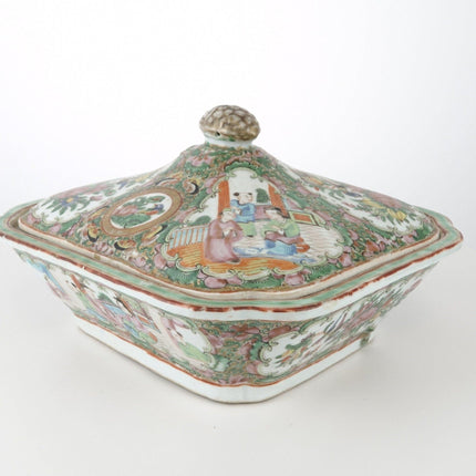 C1860 antique chinese famille rose medallion covered serving dish 9.5" wide x 6"