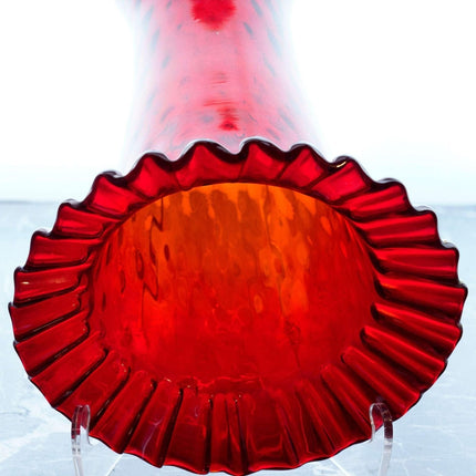 Large c1890 Pigeon Blood Glass optic ruffled vase