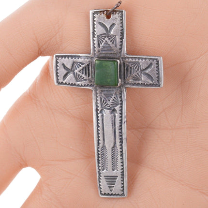 30's-40's Navajo stamped silver and turquoise cross pendant