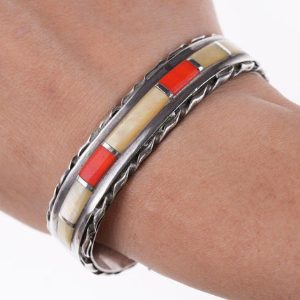 6 3/8" Vintage Zuni coral and shell channel inlay bracelet