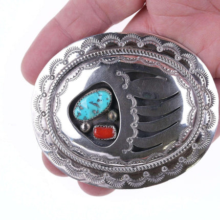 Wilbur Musket Navajo stamped sterling - turquoise and coral shadowbox belt buckl