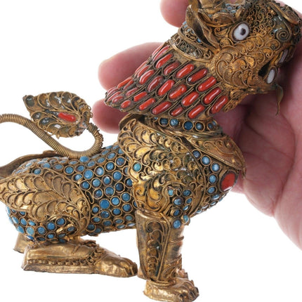 Antique Tibetan Coral/turquoise/glass foo lion/rabbit