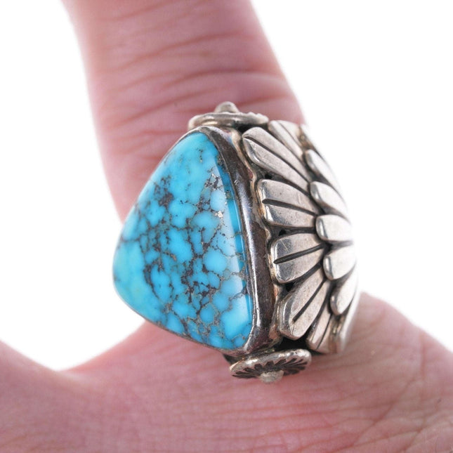 Sz8.5 Vintage Steve Yellowhorse Navajo Sterling and spiderweb turquoise ring
