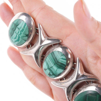 7.5" Large Retro Modernist Sterling and Malachite Mexican bracelet