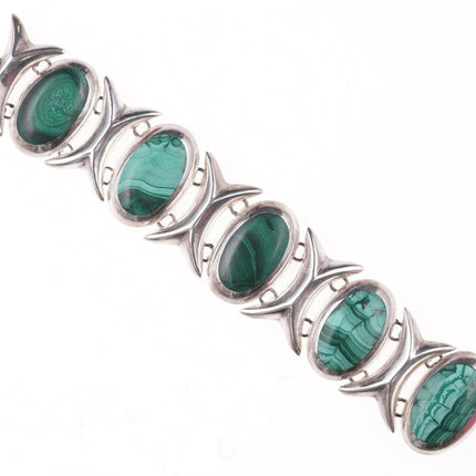 7.5" Large Retro Modernist Sterling and Malachite Mexican bracelet