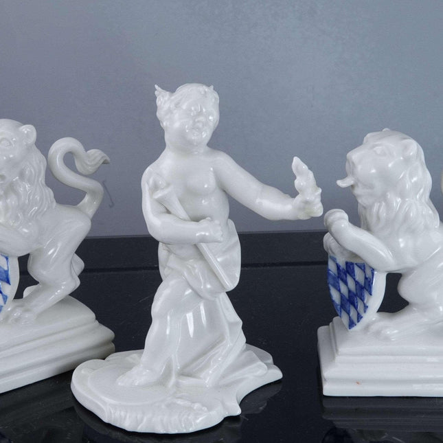 Nymphenburg Blanc de Chine Allegorical Figure and two lions
