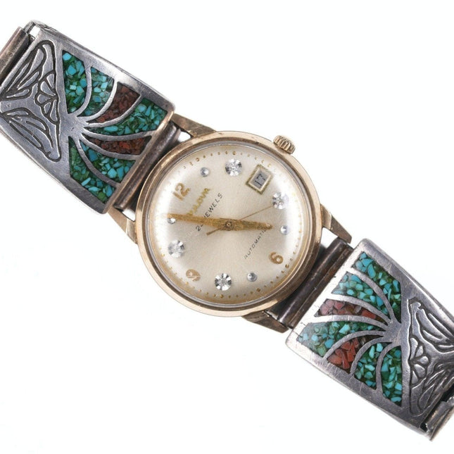 Automatische Bulova-Armbanduhr mit 23 Juwelen aus den 1950er-Jahren mit Armband aus Sterling-Chip-Inlay aus der Zeit der amerikanischen Ureinwohner