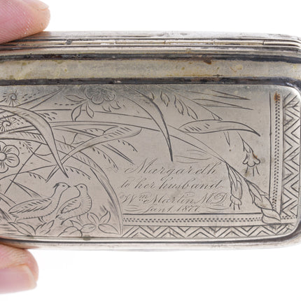 c1877 Engraved Quails Snuff Box with inscription