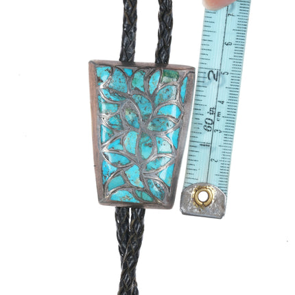 c1950's Zuni Silver and Turquoise Fishscale channel inlay bolo tie