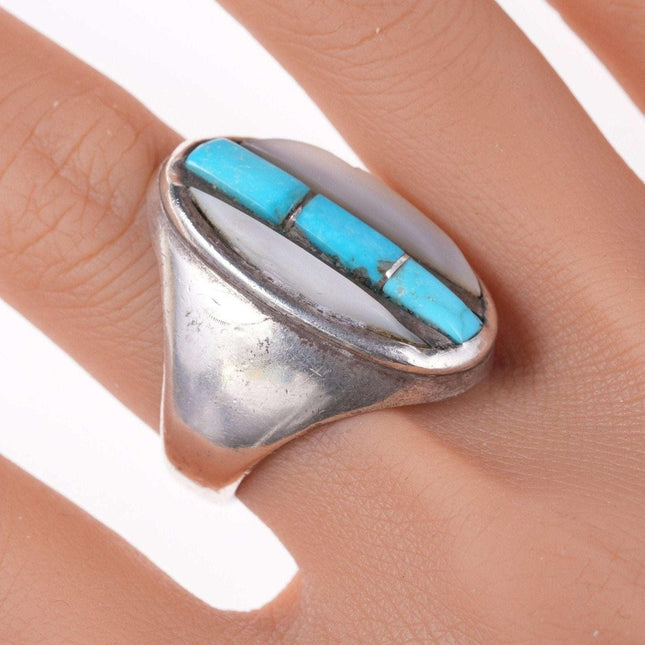 sz10.5 Men's Vintage Zuni Silver turquoise and shell Cobblestone channel inlay r