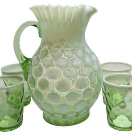 c1900 Northwood Green Opalescent Lemonade Set Pitcher and 5 Tumblers