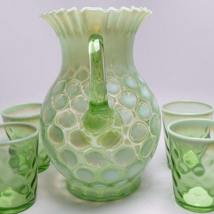 c1900 Northwood Green Opalescent Lemonade Set Pitcher and 5 Tumblers