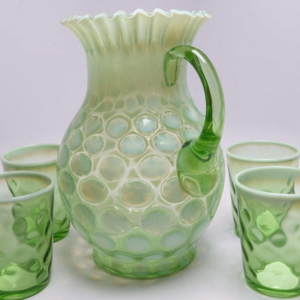 c1900 Northwood Green Opalescent Lemonade Set Pitcher and 5 Tumblers