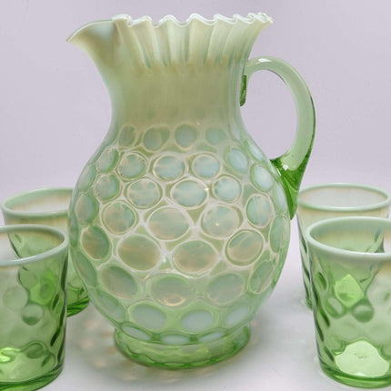 c1900 Northwood Green Opalescent Lemonade Set Pitcher and 5 Tumblers