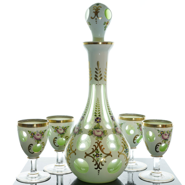 Bohemian Cut Overlay Glass Decanter and wine glasses