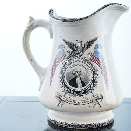 c1860 Historischer Staffordshire-Krug aus der Zeit des Bürgerkriegs George Washington Ehre den Tapferen, die Union muss und soll erhalten bleiben