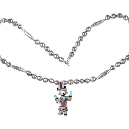 Zuni Sterling Multistone inlay Knifewing with Stamped Bead necklace