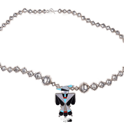 Zuni Sterling Multi-stone inlay thunderbird with Stamped Bead necklace