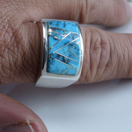 Sz 12 Sterling Turquoise Inlay แหวนผู้ชาย