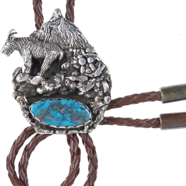 1960's-70's Southwestern Sterling Turquoise Rocky Mountain Goat bolo tie