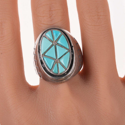 sz12.75 Vintage Native American turquoise channel inlay sterling ring